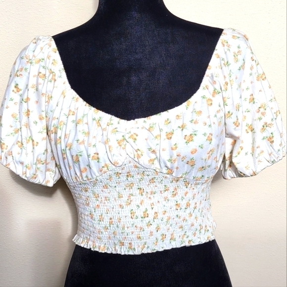 NWOT BILLABONG womens large floral puff sleeve elastic gathered bodice crop top - Picture 1 of 9